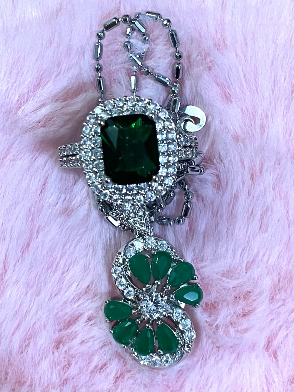 Elegant Sterling Silver Green Emerald Pendant Emerald Cocktail Necklace Ring
